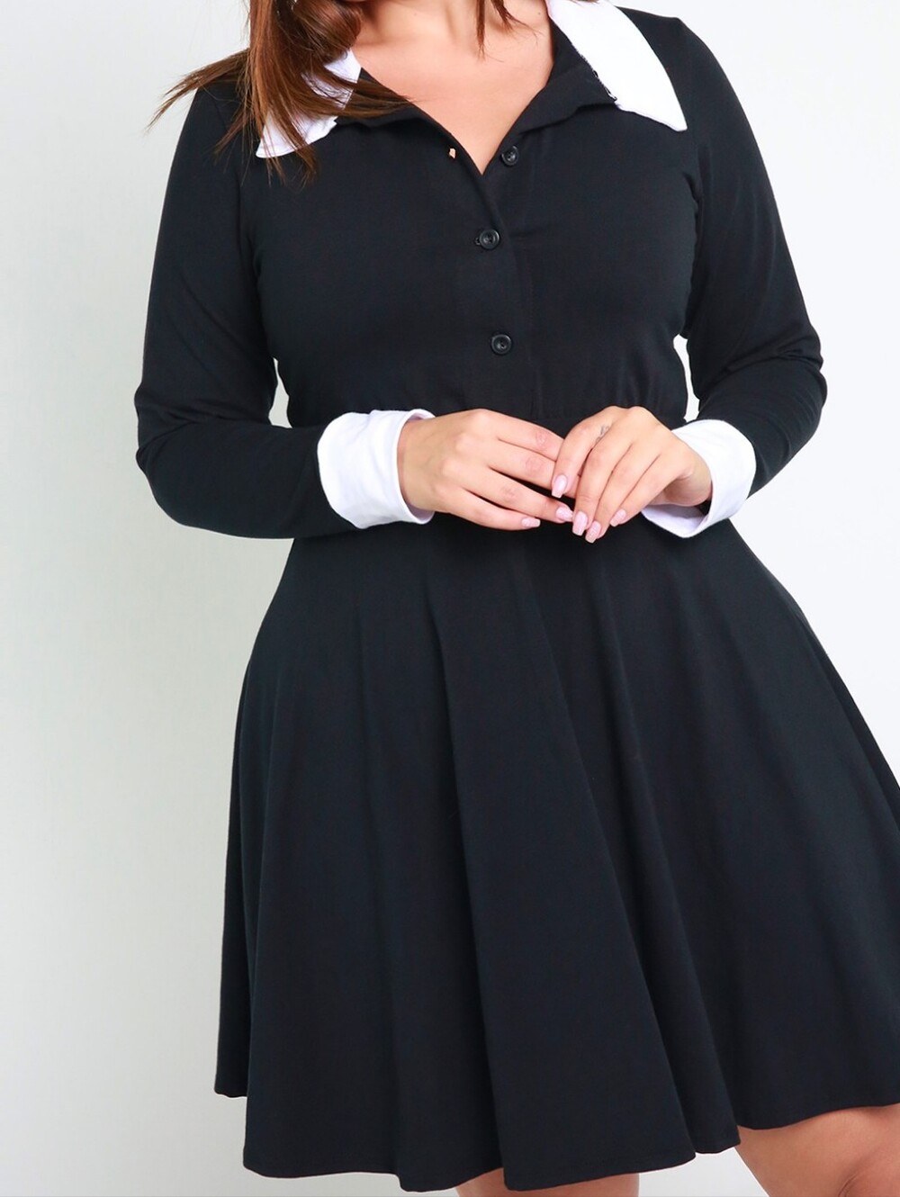 Rebdolls Black Long-Sleeve Fit & Flare Dress with White Collar And Cuffs 1X